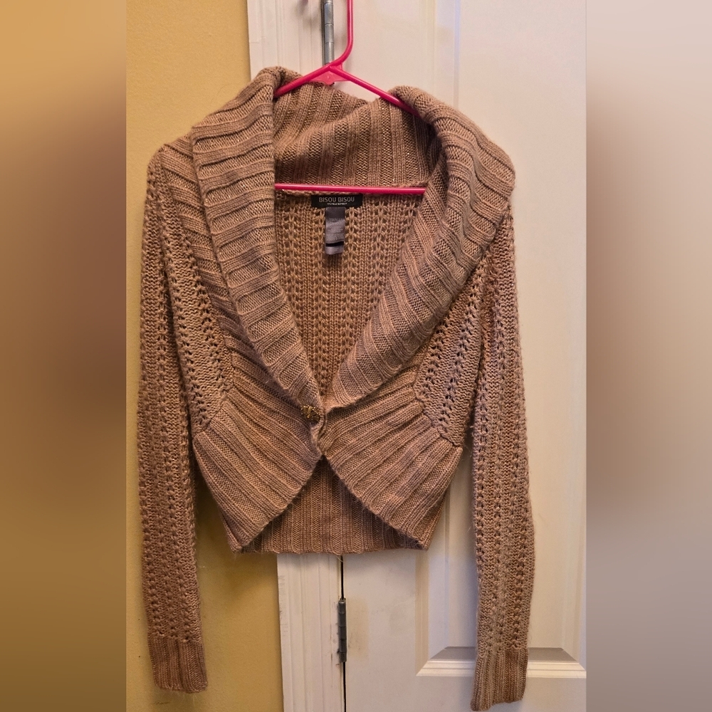 Bisou Bisou Womens Tan Cardigan Sweater With Shiny Gold Thread Ribbed Knit